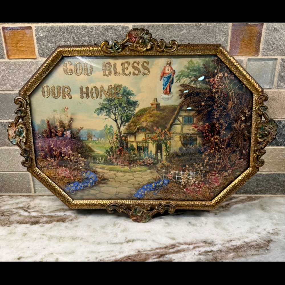 Bubble Dome~Glass Metal Picture Frame~Dried Flowers~God Bless Our Home~Diorama